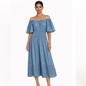 MISA Los Angeles Denim Blue Off-Shoulder Dress